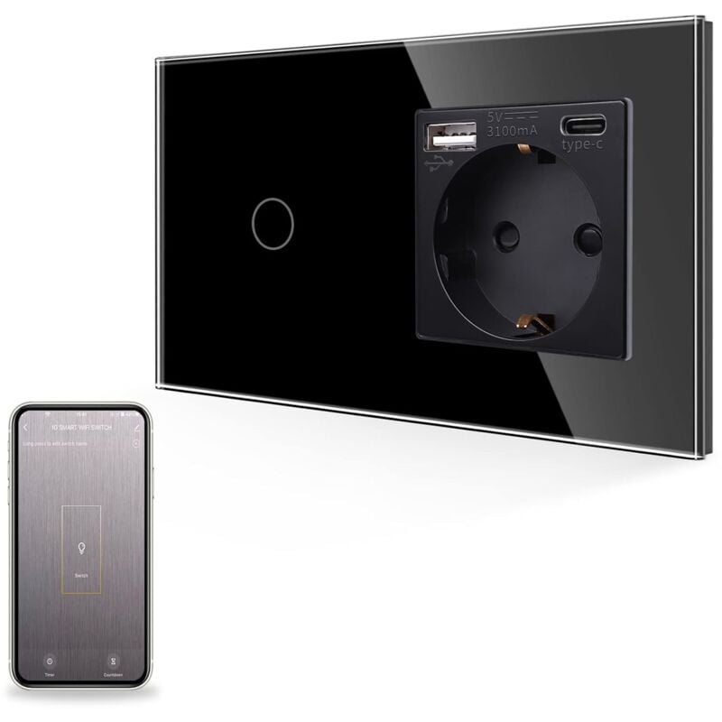 Ccykxa - a noir Interrupteur tactile Wi-Fi intelligent avec prise usb en , prise en verre avec charge rapide , conducteur zéro, vitre en verre,