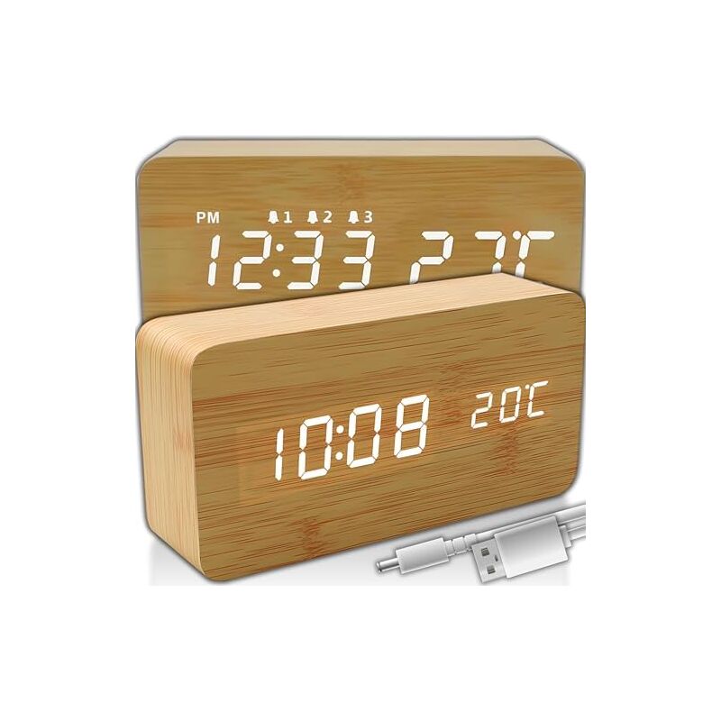 CCYKXAA Réveil Numérique LED Élégant en Bois avec Écran Clair, Date, Température, Alarmes, Fonction Snooze, Luminosité et Volume Réglables, Charge