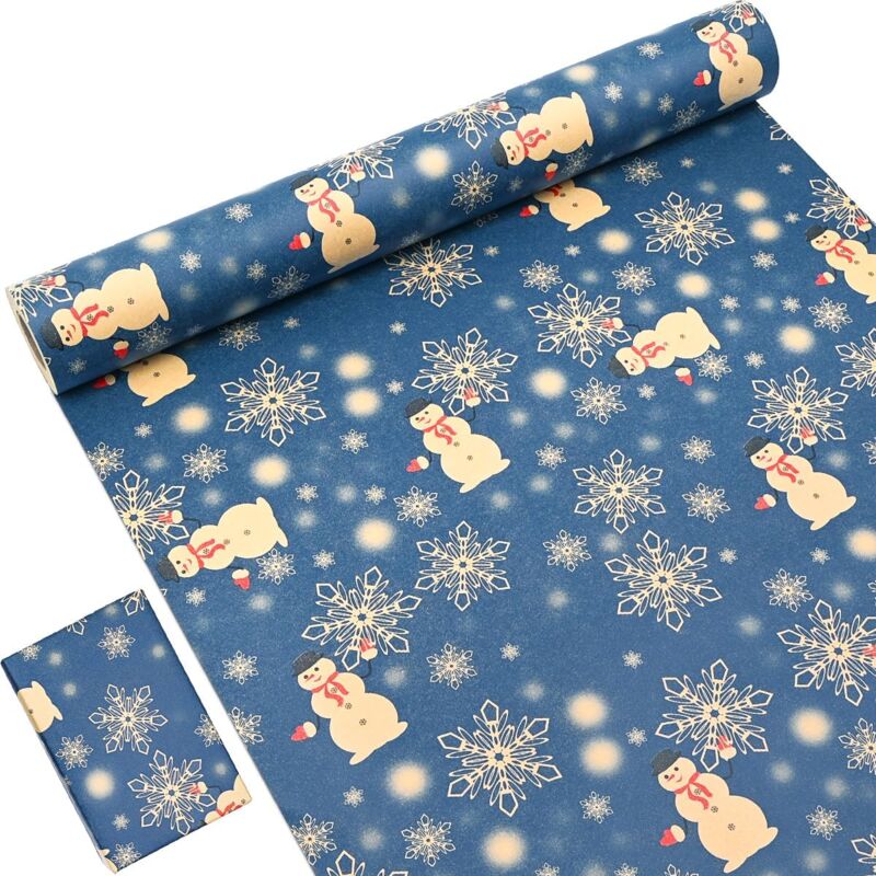 A Rouleau de papier cadeau de Noël recyclable, 15 m x 43 cm, bleu marine, imprimé avec étoile, flocon de neige, bonhomme de neige pour emballage