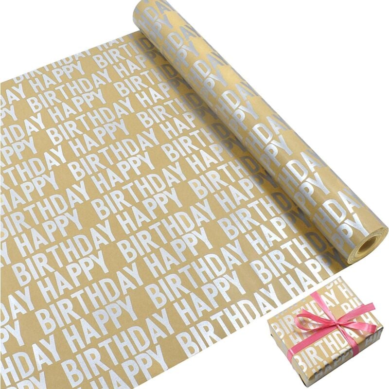 A Rouleau de papier d'emballage joyeux anniversaire 43 cm x 15 m, papier d'emballage cadeau argenté, papier d'emballage kraft recyclable pour fête,