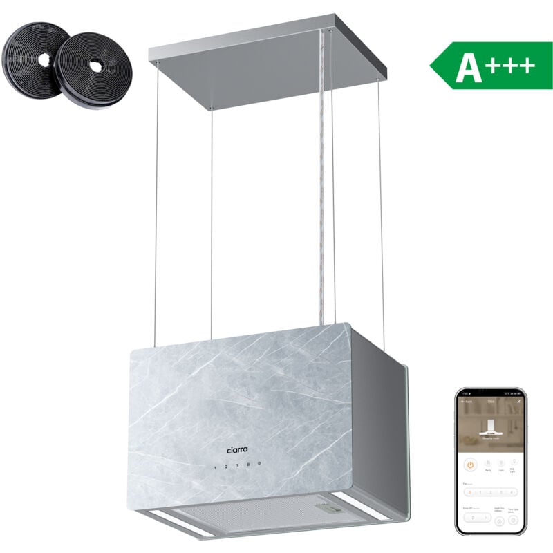 Hotte Ilot app Contrôle 700m3/h Booster 4 Vitesses uv Traitement Marbre Blanc CD4850W