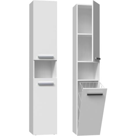 HUCOCO LLL Farbe: Weiß Modernes Badregal Stauraumschrank Geräumige Einlegeböden Türen Einfache Montage Stilvolle Griffe Wäschekorb