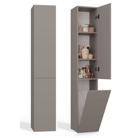 TOPESHOP CDF Bad-Hochschrank NEL lV Farbe: Gruau Modernes Badregal Stauraumschrank Geräumige Einlegeböden Türen Einfache Montage Stilvolle Griffe Wäschekorb