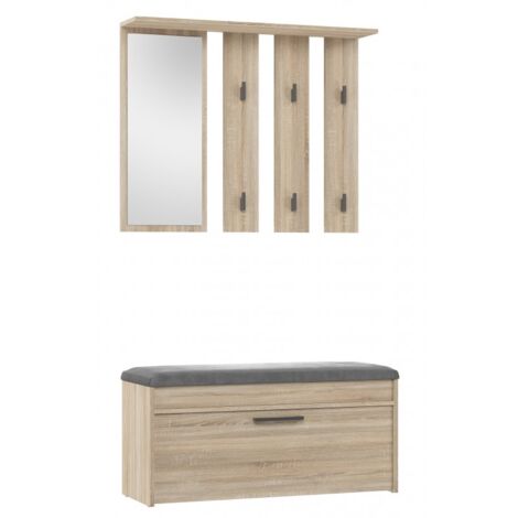 CDF Garderobe Parma Farbe: Eiche Sonoma Großer Spiegel Kleiderbügel Geräumiger Schuhschrank Ideal für Diele, Flur Praktische Ablagen Modernes Design