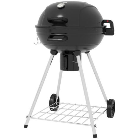 Ce barbecue au charbon de bois, comprenant une grille, des roues, un support de rangement, un récupérateur de cendres et un thermomètre métallique intégré, est idéal pour le camping.