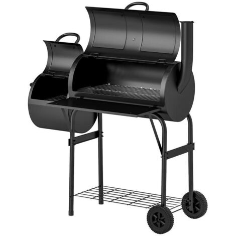 Ce barbecue/fumoir à charbon en acier avec couvercle est fourni avec un thermomètre, des roues, une grille de rangement, un chariot de transport, une aération et un bac à charbon.