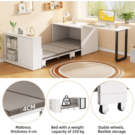 Ce bureau 2-en-1 et lit repliable : cadre/pieds métalliques, matelas 4 cm. Roulettes et meuble à tiroirs (2 compartiments). Tous éléments blancs.