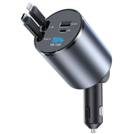 Ce chargeur rapide USB-C 4 en 1 pour voiture prend en charge les protocoles de charge rapide PD/QC3.0, est livré avec deux câbles de charge rétractables, peut charger quatre appareils simultanément