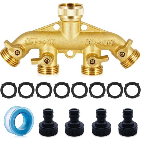 Ce distributeur d'eau à quatre voies est fabriqué en laiton massif et possède quatre sorties avec débit d'eau réglable et un robinet verrouillable de 3/4 de pouce.