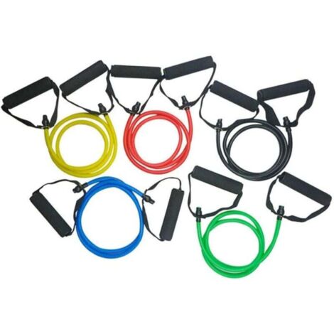 Ce kit de 5 bandes de résistance comprend des poignées d'exercice et des tubes de résistance à ancrer à une porte. Unisexe, il convient au renforcement musculaire et à l'entraînement de la force.