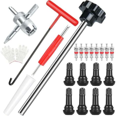 Ce kit de changement rapide de valve de pneu de 22 pièces est l'outil idéal pour changer les valves de pneus qui fuient sur les voitures, les VTT, les camions, etc. Il comprend 4 outils de changement 