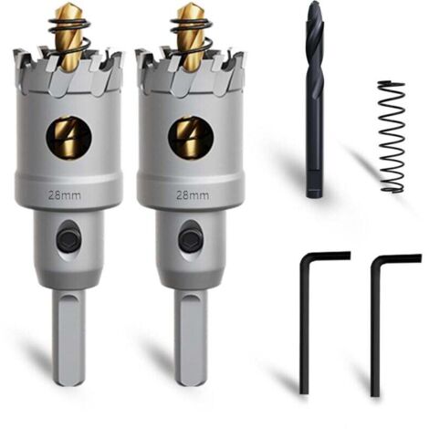 Ce kit de scie cloche en carbure de tungstène de 28 mm comprend un foret de guidage nitruré supplémentaire et une clé en L, adapté à l'acier, au fer, à l'aluminium et à d'autres métaux.
