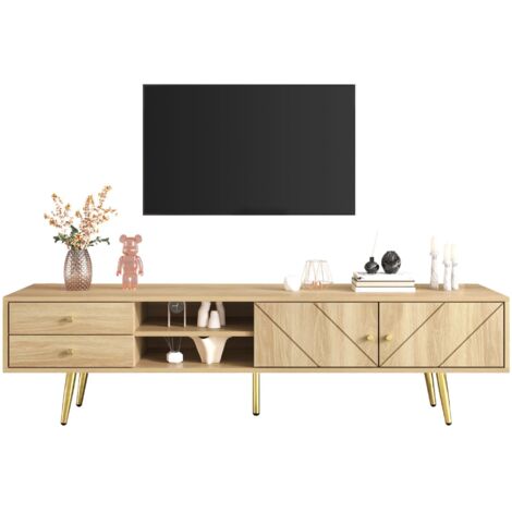 Ce meuble TV de 160 cm de haut est doté de pieds dorés, de deux tiroirs et de portes. Son design unique en fait un choix incontournable pour le mobilier de salon.