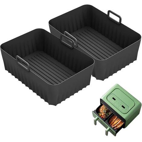 Ce moule en silicone en deux parties pour friteuse à air mesure 21,5 cm x 14,5 cm x 7 cm et est compatible avec les friteuses à air à double cavité de marques telles que Ninja Foodi AF300EU AF400EU, C