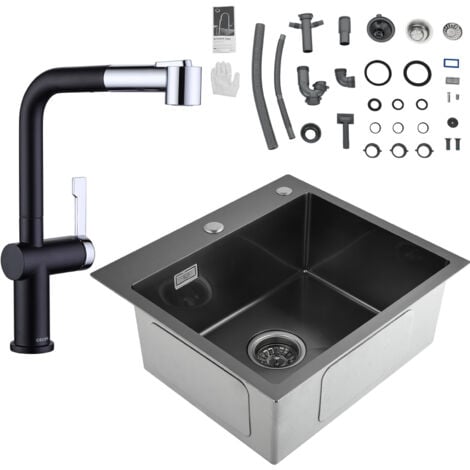 Cecipa 2 en 1 Fregaderos de una cubeta de Cocina de Acero Inoxidable Negro Antracita 50 x 45 x 18,5 cm + Grifo de Cocina Extraíble con 2 Modos de Salida de Agua (Negro + Galvánico)