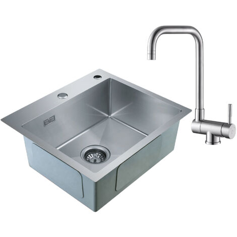 CECIPA 2 en 1 Lavelli da Cucina Trafilatura in Acciaio Inox 50 x 45 x 18.5 cm, Senza distributore di sapone + Rubinetto Cucina Miscelatore Lavello per Sottofinestra