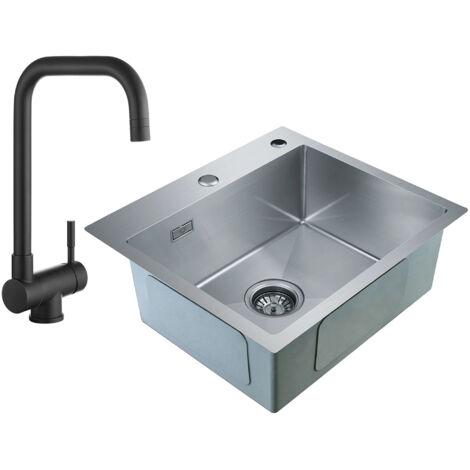 CECIPA 2 en 1 Lavelli da Cucina Trafilatura in Acciaio Inox 50 x 45 x 18.5 cm, Senza distributore di sapone + Rubinetto da Cucina Pieghevole come Sottofinestra Nero