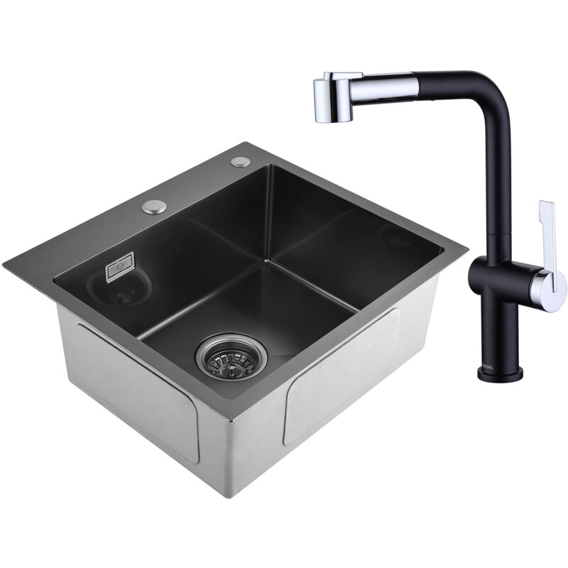 Cecipa 2 en 1 Évier de Cuisine Inox 1 Bac Noir Anthracite 50 x 45 x 18.5 cm + Robinet de Cuisine Extractible avec 2 modes de sortie d'eau (Noir +