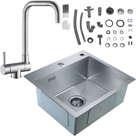CECIPA 2 in 1 Fregadero de Cocina de Acero Inoxidable 50 x 45 x 18,5 cm + Grifo de Cocina Plegable de Acero Inoxidable Mezclador de Fregadero