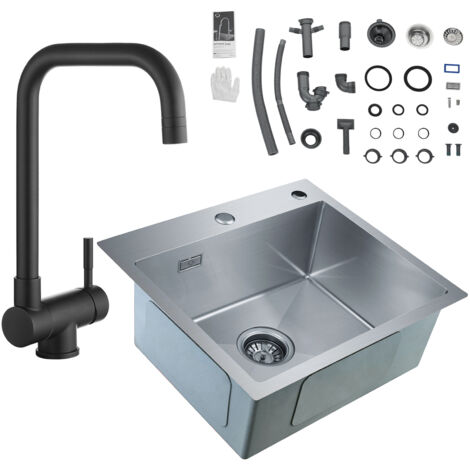 CECIPA 2 in 1 Fregadero de Cocina de Acero Inoxidable 50 x 45 x 18,5 cm + Grifo de Cocina Plegable Negro Mezclador de Fregadero Plegable como Bajo Ventana