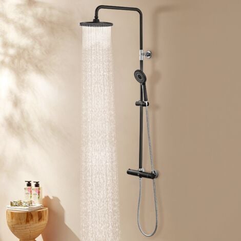 Columna de ducha termostático negro mate redonda. Tubo regulable en Altura  de 83 a 120 cm. – Llavisan