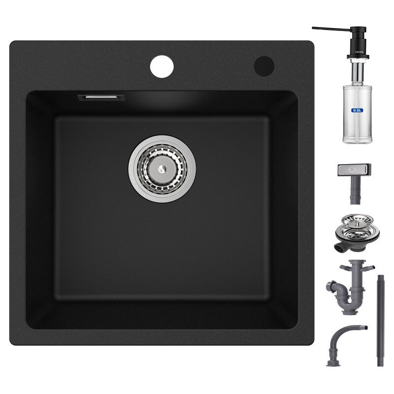 Cecipa - 45x45cm Evier 1 Bac en Quartz + 300ML Distributeur de Savon Noir - Evier de Cuisine en Quartz et Résine - Evier de Cuisine Evier à Encastrer