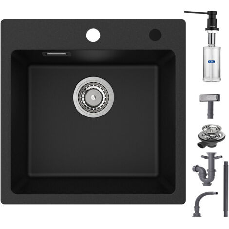 CECIPA 45x45cm Evier 1 Bac en Quartz + 300ML Distributeur de Savon Noir - Evier de Cuisine en Quartz et Résine - Evier de Cuisine Evier à Encastrer 1 Vasque