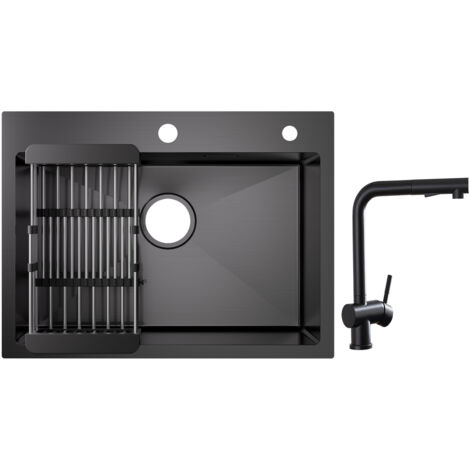 Cecipa 60×45×18 cm Lavello da Cucina Nero - Lavello a 1 Vasca con Cestello di Scarico + rubinetti da cucina con doccetta estraibile, miscelatore lavello nero