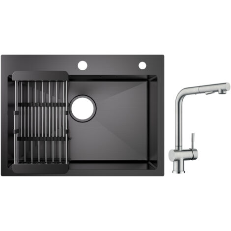 Cecipa 60×45×18 cm Lavello da Cucina Nero - Lavello a 1 Vasca con Cestello di Scarico + rubinetto da cucina con miscelatore lavello estraibile con doccetta spazzolato