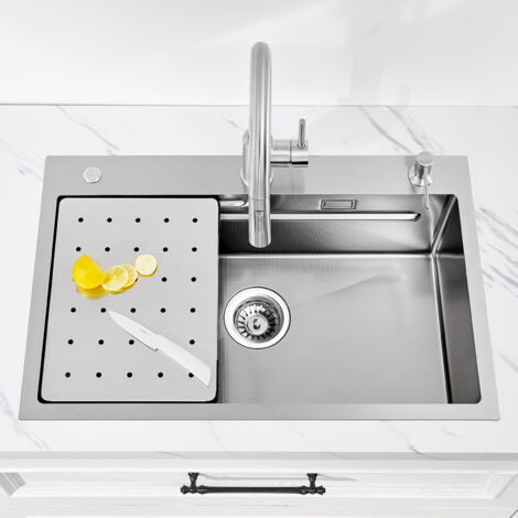 CECIPA 70 x 45 CM Edelstahl-Küchenspüle, Überbauspüle, geprägte Küchenspüle mit Seifenspender, Abtropffläche, kleines Waschbecken Silber