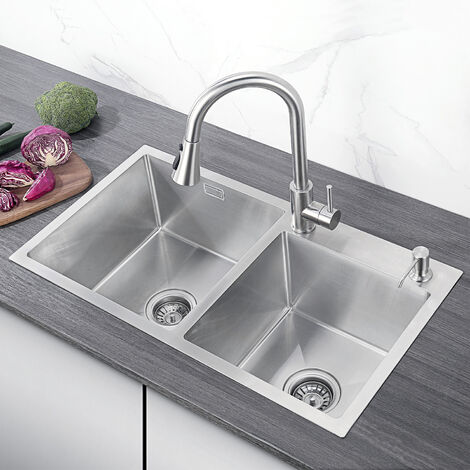 CECIPA Évier Cuisine 2 Bacs Cuve Double Inox Évier de Cuisine en Acier Brossé Évier à Poser 2 Bacs 78×43×21CM(Distributeur de Savon Fourni Gratuit)