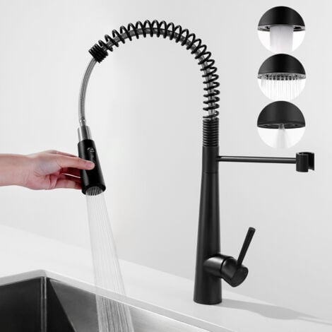 Cecipa Black Spring Miscelatore Cucina con 3 Modalità di Uscita Acqua - Miscelatore Lavello con Doccia Estraibile Rubinetto Cucina Girevole a 360°