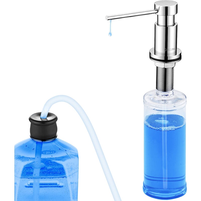 CECIPA Distributeur de Savon Cuisine Encastrable Chrome, Distributeur de Détergent pour Évier avec Bouteille de 300ML et Tuyau de Rallonge de 1,2 m