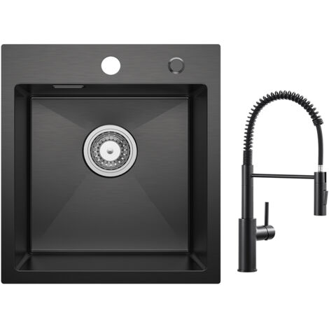 Cecipa Évier 1 Bac 40 × 45 cm Anthracite Évier de Cuisine Évier Inox 304 Montage à Encastrer + Mitigeur de Cuisine à Ressort avec Douchette Extractible, Robinet Evier 2 Modes de Sortie D'eau, Noir