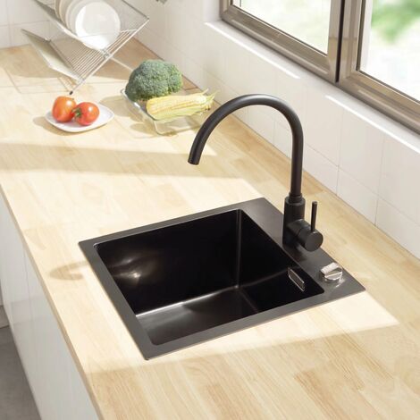 CECIPA Évier 1 Bac 40 × 45 cm Évier Cuisine avec Trop-Plein et Kit de Siphon Automatique, Anthracite