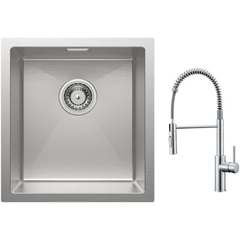 Cecipa Évier 1 Bac 40x44cm Évier Inox Évier de Cuisine Brossé + Mitigeur de Cuisine à Ressort avec Douchette Extractible, Robinet Evier 2 Modes de Sortie D'eau, Brossé
