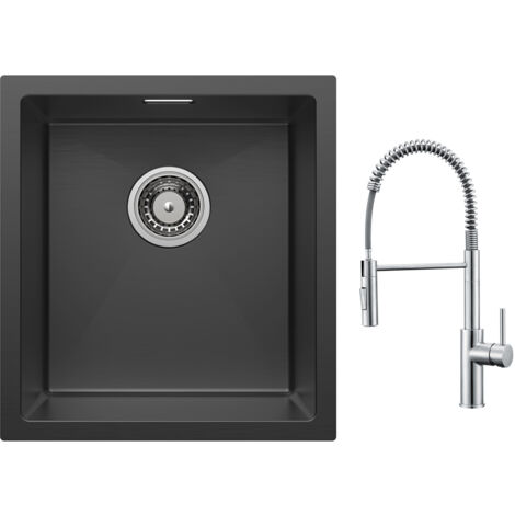 Cecipa Évier 1 Bac 40x44cm Noir Évier de Cuisine Évier Inox + Mitigeur de Cuisine à Ressort avec Douchette Extractible, Robinet Evier 2 Modes de Sortie D'eau, Brossé