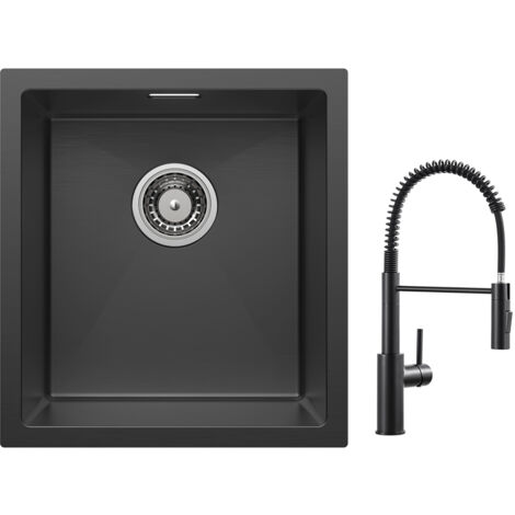 Cecipa Évier 1 Bac 40x44cm Noir Évier de Cuisine Évier Inox + Mitigeur de Cuisine à Ressort avec Douchette Extractible, Robinet Evier 2 Modes de Sortie D'eau, Noir