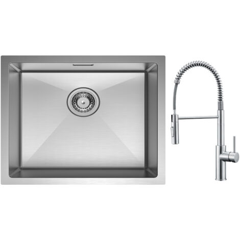 Cecipa Évier 1 Bac 50 x 44cm Évier de Cuisine en Acier Inoxydable Brossé + Mitigeur de Cuisine à Ressort avec Douchette Extractible, Robinet Evier 2 Modes de Sortie D'eau, Brossé