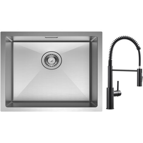 Cecipa Évier 1 Bac 50 x 44cm Évier de Cuisine en Acier Inoxydable Brossé + Mitigeur de Cuisine à Ressort avec Douchette Extractible, Robinet Evier 2 Modes de Sortie D'eau, Noir