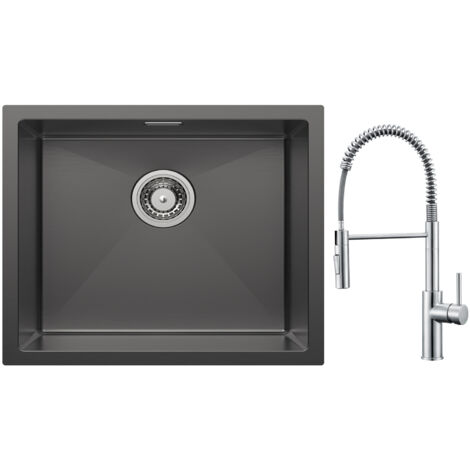 Cecipa Évier 1 Bac  50 x 44cm Noir Évier de Cuisine en Acier Inoxydable + Mitigeur de Cuisine à Ressort avec Douchette Extractible, Robinet Evier 2 Modes de Sortie D'eau, Brossé
