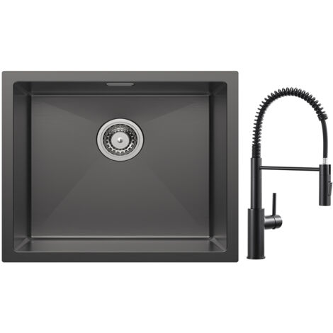 Cecipa Évier 1 Bac 50 x 44cm Noir Évier de Cuisine en Acier Inoxydable + Mitigeur de Cuisine à Ressort avec Douchette Extractible, Robinet Evier 2 Modes de Sortie D'eau, Noir
