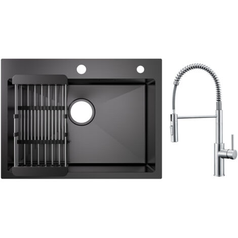 Cecipa Évier 1 Bac 60×45cm avec Panier de Drainage Évier Cuisine Noir + Mitigeur de Cuisine à Ressort avec Douchette Extractible, Robinet Evier 2 Modes de Sortie D'eau, Brossé