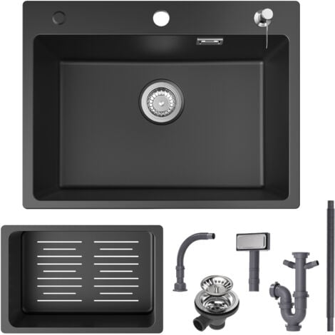 Cecipa Evier 1 Bac 60x45cm avec Panier de Vidange et Distributeur de Savon Gratuits - Evier en Quartz et Résine - Evier de Cuisine Noir