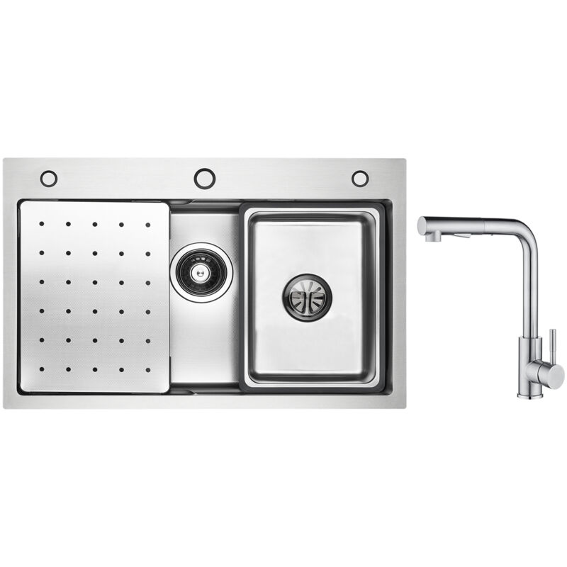 Cecipa - vier 1 Bac 70×45cm avec Egouttoir, Vasque et Distributeur de Savon + Mitigeur Cuisine Brossé avec Douchette Extractible - 2 Jets aux Choix