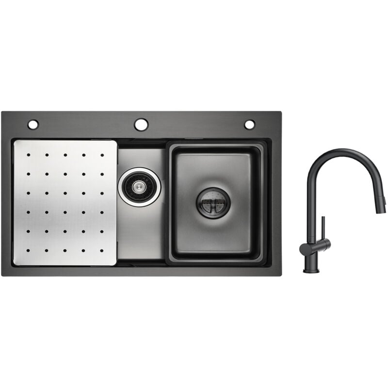 Cecipa Évier 1 Bac 70×45cm avec Egouttoir, Vasque et Distributeur de Savon + Mitigeur de Cuisine avec Douchette Extractible avec 2 Types de Jet