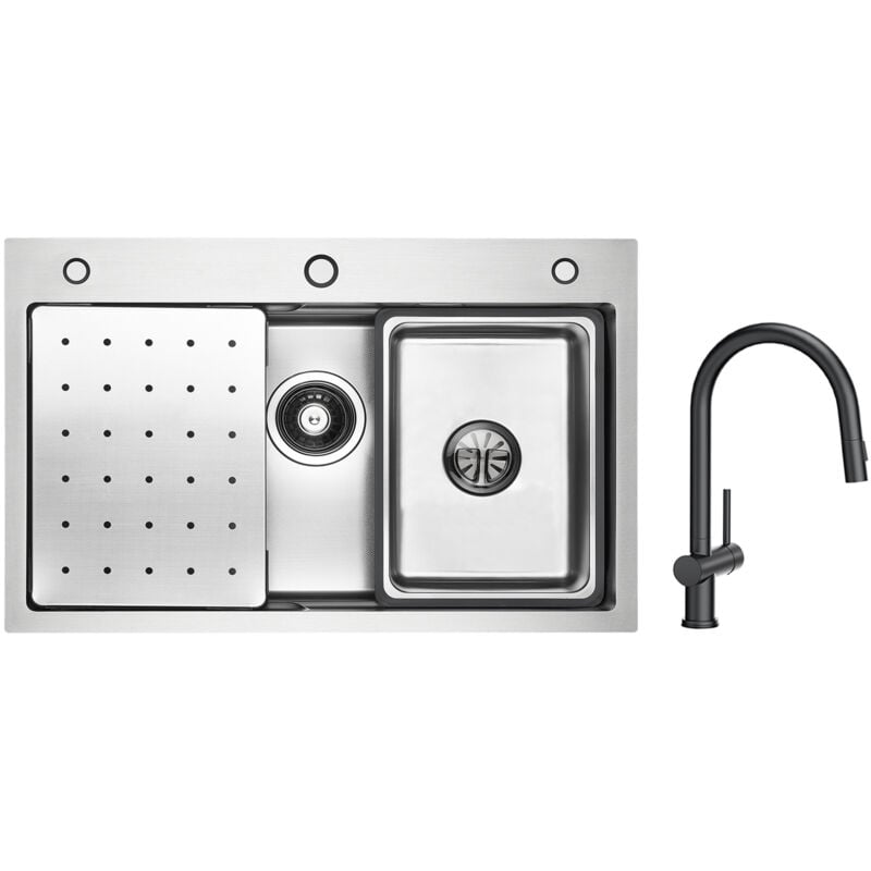 Cecipa - vier 1 Bac 70×45cm avec Egouttoir, Vasque et Distributeur de Savon + Mitigeur de Cuisine avec Douchette Extractible avec 2 Types de Jet