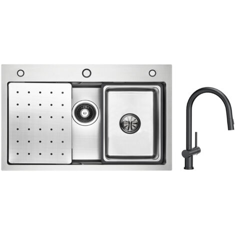 Cecipa Évier 1 Bac 70×45cm avec Egouttoir, Vasque et Distributeur de Savon + Mitigeur de Cuisine avec Douchette Extractible avec 2 Types de Jet