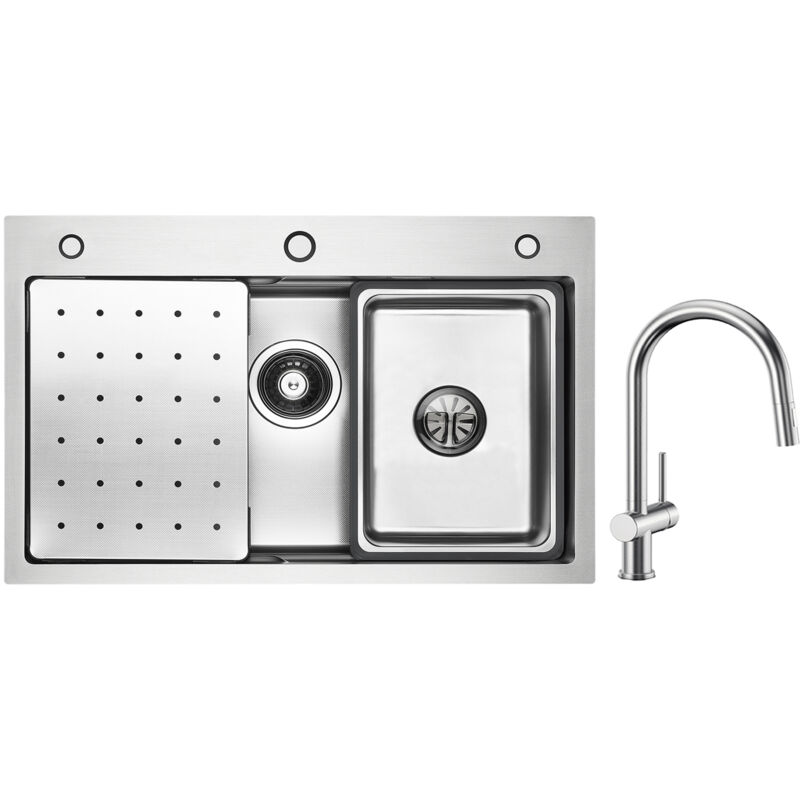 Cecipa - vier 1 Bac 70×45cm avec Egouttoir, Vasque et Distributeur de Savon + Mitigeur de Cuisine avec Douchette Extractible Brossé