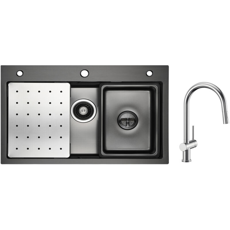 Cecipa - vier 1 Bac 70×45cm avec Egouttoir, Vasque et Distributeur de Savon + Mitigeur de Cuisine avec Douchette Extractible Brossé